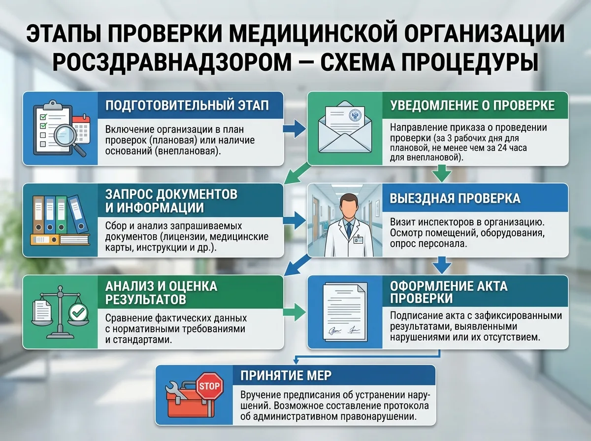 Этапы проверки медицинской организации Росздравнадзором — схема процедуры