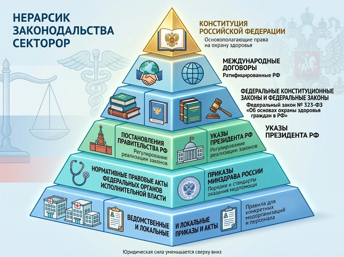 Схема иерархии законодательства в сфере здравоохранения России — пирамида нормативных актов от Конституции до ведомственных приказов