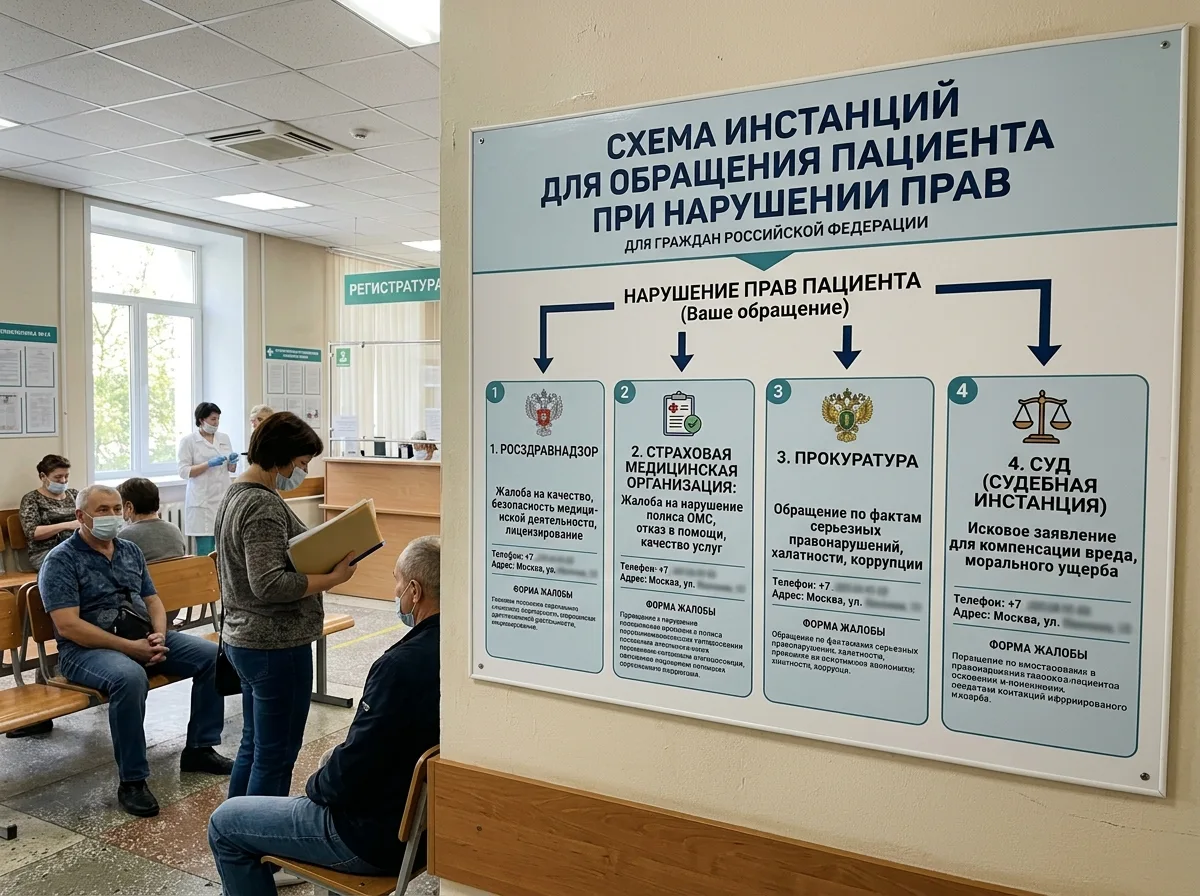 Схема инстанций для обращения пациента при нарушении прав: Росздравнадзор, страховая, прокуратура, суд